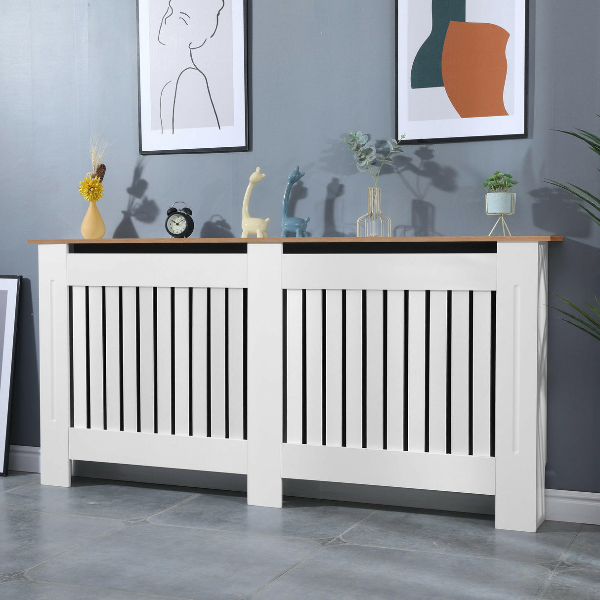 Radiator cover radiator covers with white vertical slats, oak top, and modern decorative design.