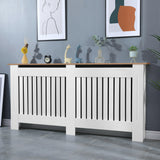 Radiator cover radiator covers with white vertical slats, oak top, and modern decorative design.