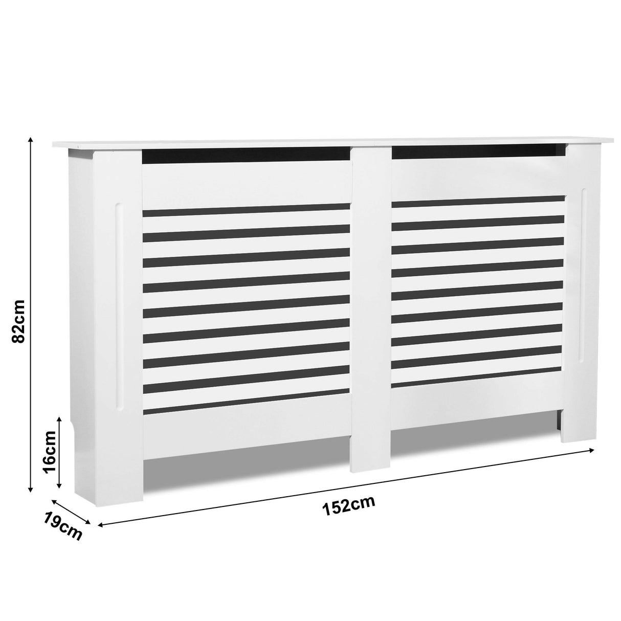 Radiator white pipe covers with horizontal slats, compact design, and 152x82cm dimensions.