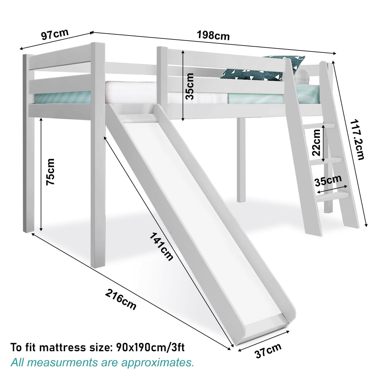 Single bunk bed with dimensions, providing a compact and sleeping solution for smaller spaces.