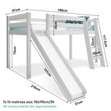 Single bunk bed with dimensions, providing a compact and sleeping solution for smaller spaces.