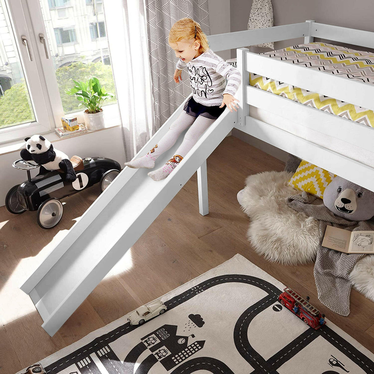 Sturdy wooden bunk bed, designed for durability and space efficiency, perfect for children's rooms.